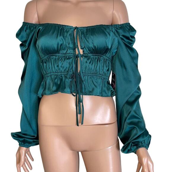 Mixed Threads blouse top Long Sleeve Textured Satin Emarald green puff sleeve SM - Picture 3 of 11